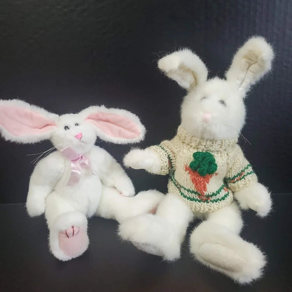 White‎ Bunny Rabbit Plush Lot Of 2- Hug Fun, Boyds With Carrot Sweater Jointed